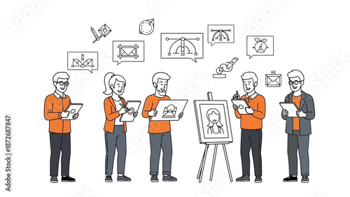 Creative Team Collaborating on Art Project with Digital Tools