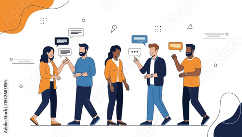 Diverse group of people communicating with speech bubbles, teamwork and conversation concept