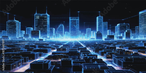 An abstract city skyline view featuring 3d vector illustrations of urban architecture and skyscraper silhouettes under a night sky with glowing business district office tower lights