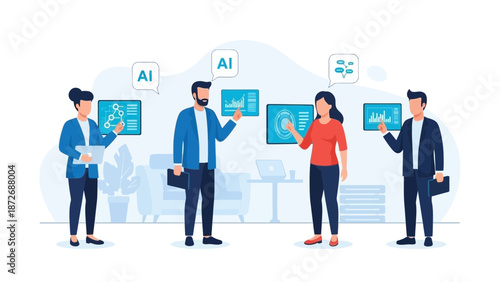 Artificial intelligence team collaborating on data analysis and technology development