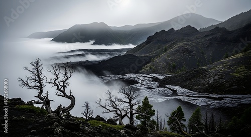 Dramatic landscape with mountains and mist under overcast skies