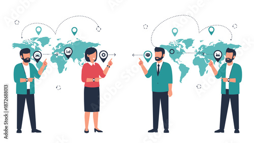 Global business strategy illustration with people and world map connectivity