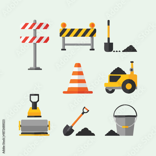 construction site icons set road work equipment.