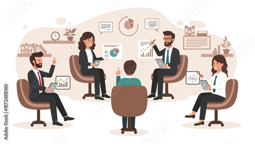 Business meeting with charts and graphs, teamwork, strategy, and planning