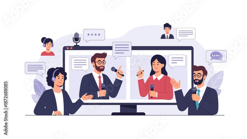 Online Conference Call: People Talking on Video Meeting with Microphones