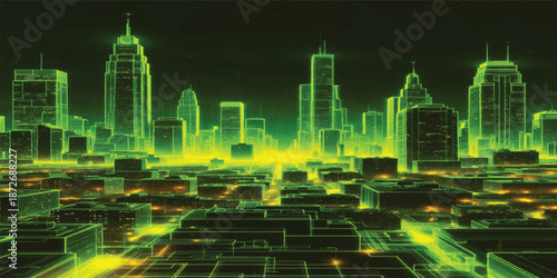 Abstract night city lights illuminate a digital blue skyline with urban technology architecture and network concept design in a vector illustration