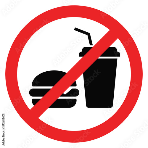 Prohibition sign depicting a burger and drink with a red circle and slash indicates no food or beverages allowed
