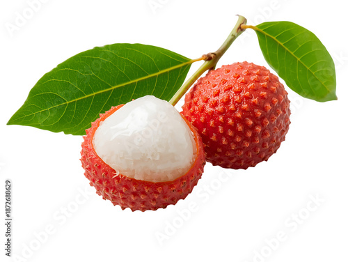 Fresh Lychee Fruits with Leaves on Transparent Background