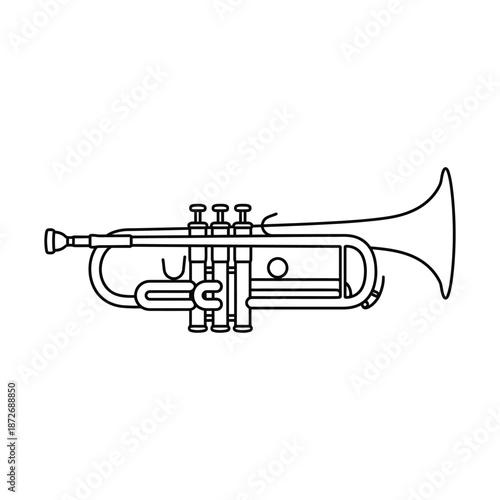 A detailed black and white line drawing depicts a classic brass trumpet instrument viewed from the side