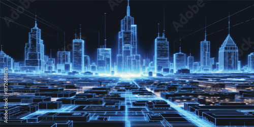 Urban skyscraper architecture and city buildings silhouette the night sky as a glowing fountain illuminates the downtown business district cityscape view