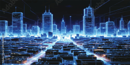 Abstract blue background with binary code and an urban city skyline featuring business skyscraper architecture and light design in a night cityscape vector illustration