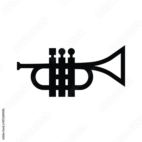 A simple black and white illustration depicting a classic brass musical instrument the trumpet