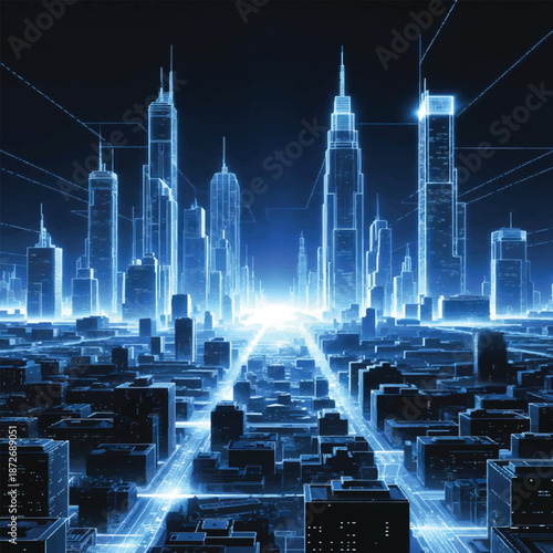 3D vector illustration of the New York City skyline at night featuring glowing blue skyscrapers and urban architectural silhouettes for a modern technology and business landscape design