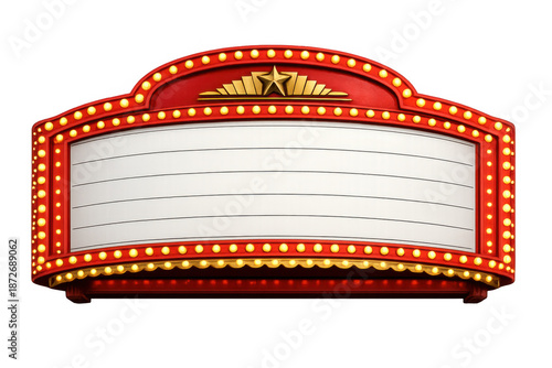 Retro theater marquee sign with empty white board and shining light bulbs, transparent background for text
