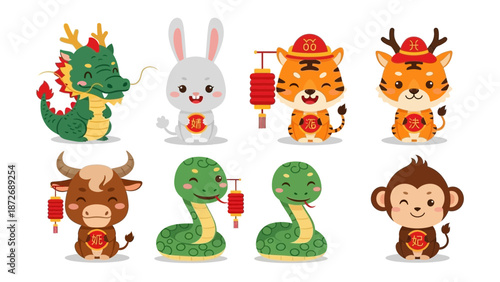 Cute cartoon zodiac animals: dragon, rabbit, tiger, ox, snake, monkey for Chinese New Year.
