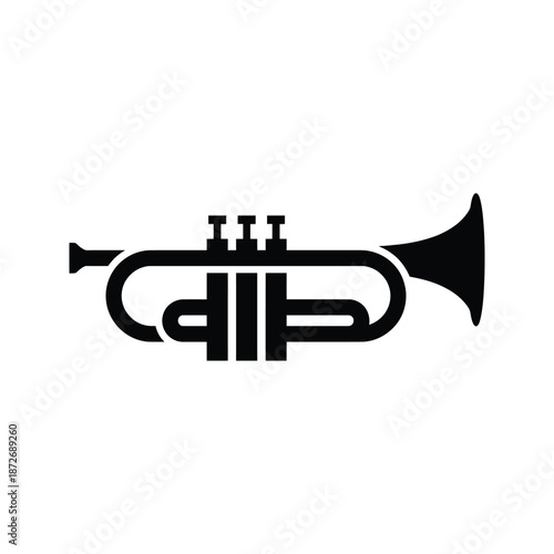 A simple black and white silhouette illustration of a classic brass trumpet musical instrument