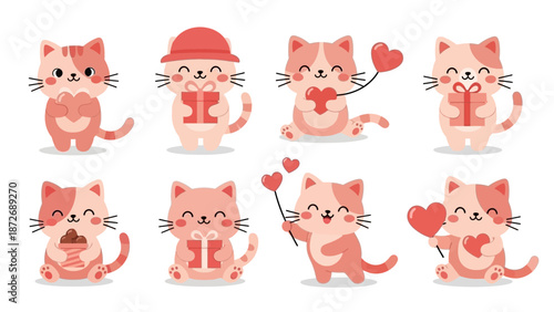 Cute pink and white cartoon cats celebrating love and friendship with gifts and hearts vector illustration set.