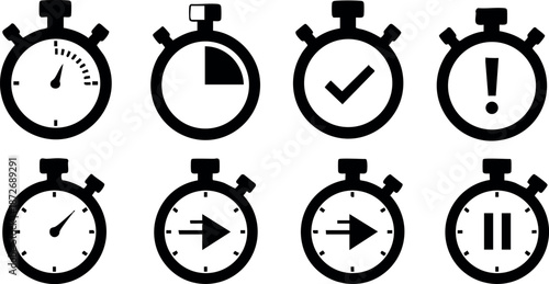 Stopwatch icons set with various time, arrow, check, pause and alert symbols in black vector style
