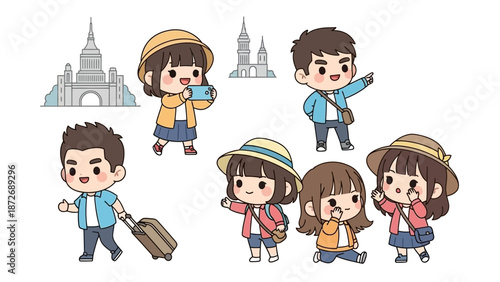 Cartoon tourists with luggage and cameras sightseeing.