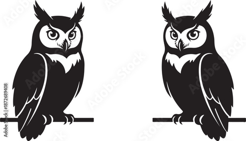 Wise Watchers: Stylized Great Horned Owl Silhouette Duo