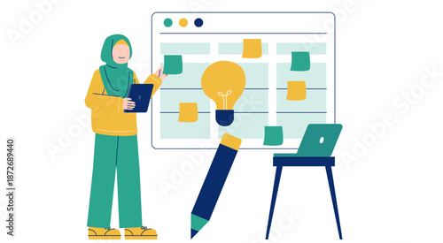 Muslim Woman Planning Digital Projects for Creative Work Flat Illustration