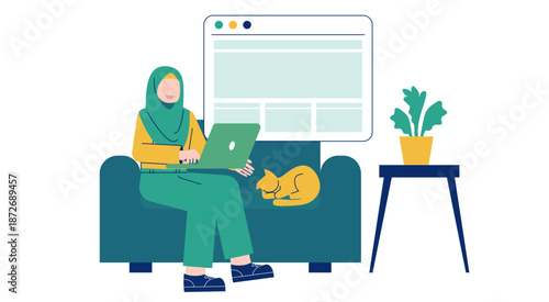 Focused Muslimah Preparing Presentation Slides at Home Workspace Flat Illustration