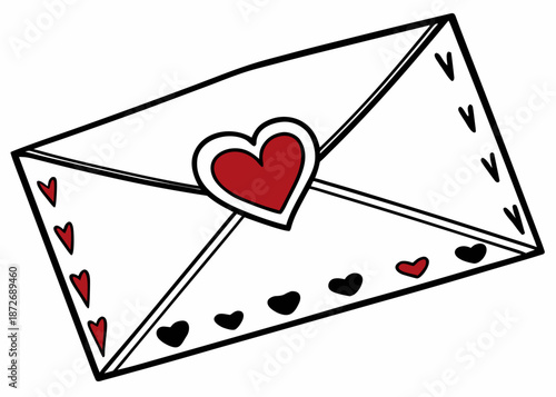 A cute, simple cartoon-style envelope that's sealed with a big red heart right in the center. The envelope is white with black outlines and has a little playful exclamation mark "!" in the bottom.