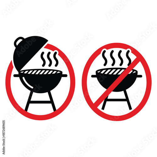 Warning signs depicting acceptable and prohibited grilling practices utilizing a charcoal barbecue are shown