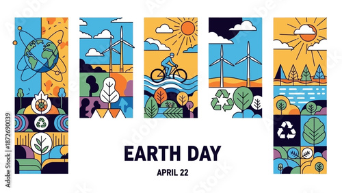 Illustrations celebrating Earth Day on April 22, featuring environmental themes like renewable energy, recycling, and nature.