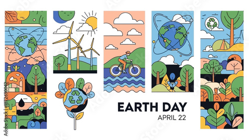 Vibrant illustrations celebrating Earth Day with themes of renewable energy, cycling, and environmental conservation.