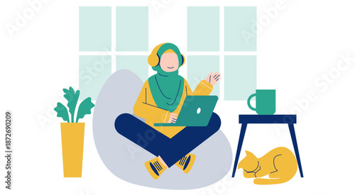 Muslim Woman Staying Focused While Working from Home Flat Illustration