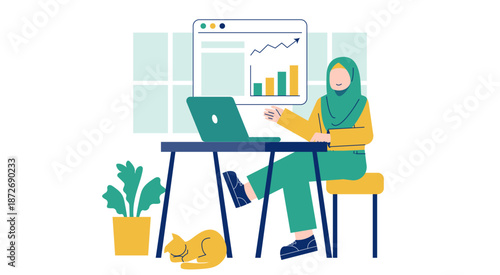 Hijab Woman Managing Online Business from Home Office Flat illustration