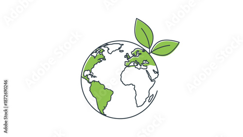 A minimalist illustration of planet Earth with green leaves sprouting from the top, symbolizing environmental growth and sustainability.