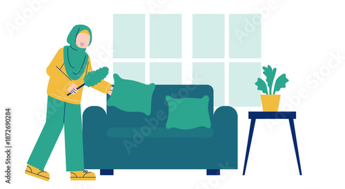 Muslim Woman Cleaning and Organizing Living Room Flat  Illustration