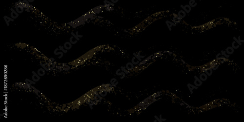 Abstract golden waves against a dark background with glittering particle effects