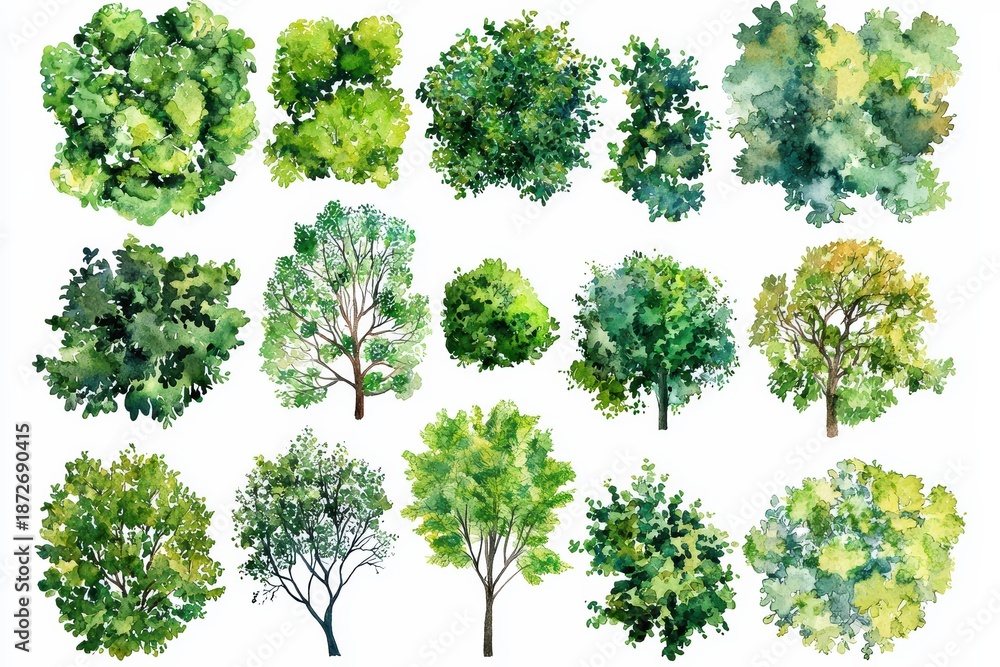 Fototapeta premium A collection of watercolor painted trees and bushes arranged in a grid against a white background.