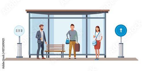 People waiting at a bus stop with signage and a shelter