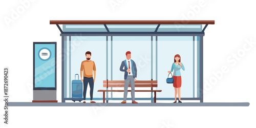 People waiting at a bus stop shelter with luggage and mobile phones