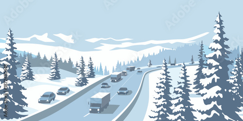 Winter road through snowy mountains with cars and evergreen trees
