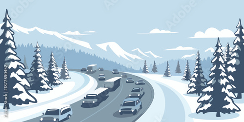 Winter roadway winding through snowy mountains with several vehicles traveling