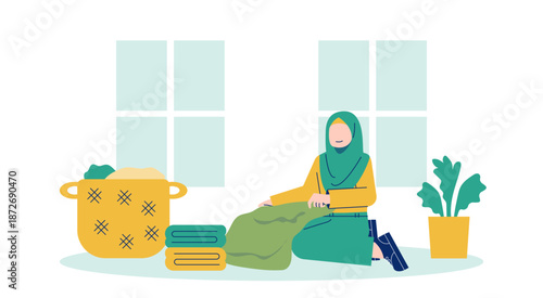 Hijab Woman Folding Clean Laundry at Home Flat Illustration