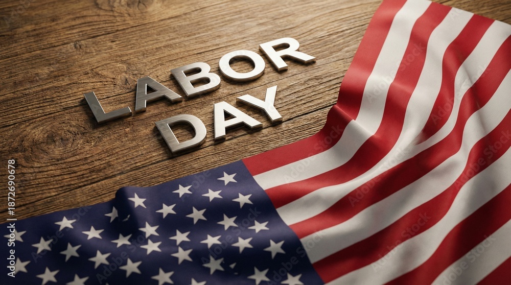 Fototapeta premium Metallic 'LABOR DAY' text on a wooden background with a draped American flag, symbolizing the holiday.