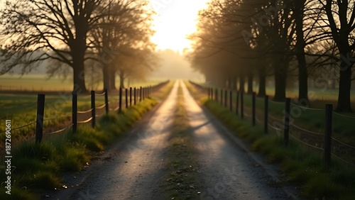 Forked road in the countryside under atmospheric morning light, symbolizing life choices and paths.
