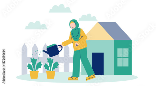Muslimah Watering Plants in Home Garden Flat Illustration