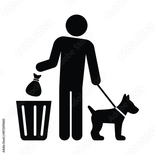 A simple black silhouette depicts a person walking a dog and disposing of waste properly