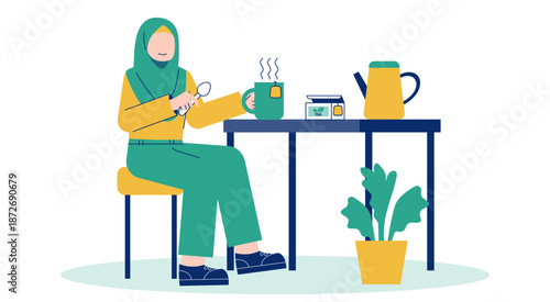 Muslim Woman Preparing Tea and Taking Short Break Flat Illustration