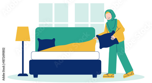 Muslimah Hijab Woman Making Bed and Tidying Bedroom Flat Illustration