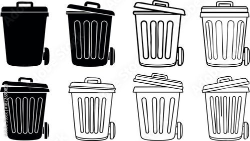Trash bin icons vector set with various styles and lid positions for garbage disposal and waste management designs