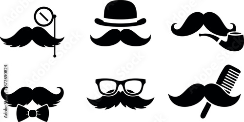 Mustache icons with bowler hat pipe glasses comb and bow tie vector design collection