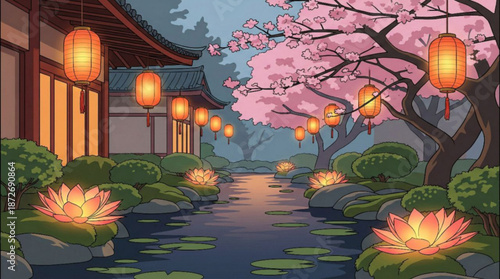 Landscape vector illustration : traditional oriental Asian zen garden, lotus flowers in pond, hanging lanterns, ancient buildings, cherry blossoms - Chinese New Year, Lunar celebration, Japanese